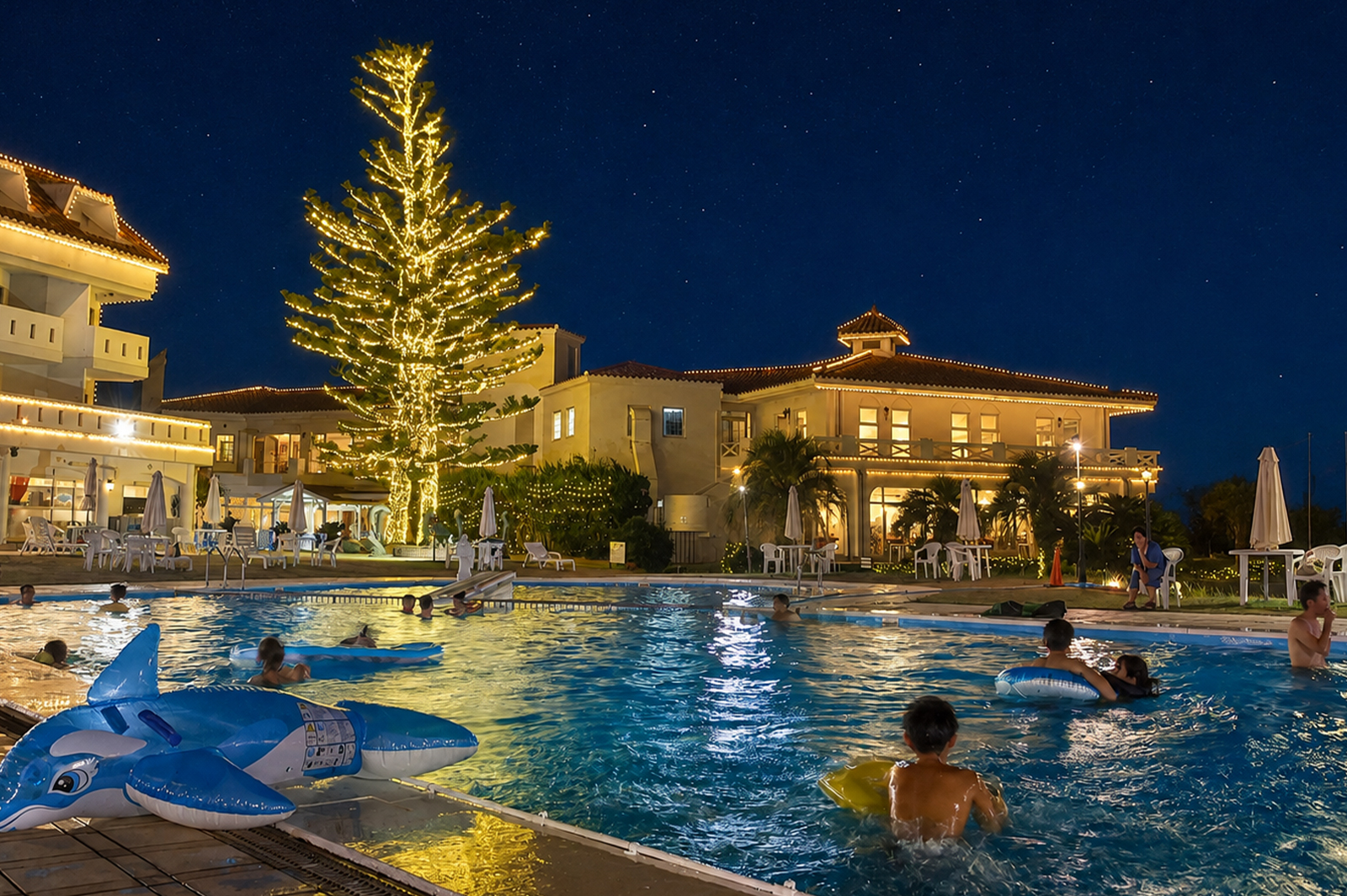 Night pool surrounded by illuminations